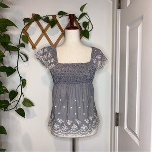 ANTHROPOLOGIE Edme & Esyllte Trackside Smocked Blue Stripe Embroidered Top